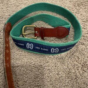 Green and Navy Blue Embroidered Five Farms Leather and Woven 38" Belt